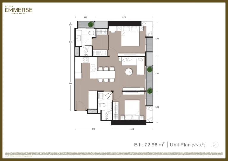 Noble Emmerse Phrom Phong 2 Bedroom Unit Plan Layout Type B